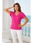 Kadın Pembe Viskon V Yakalı T-Shirt Kısa Kol Rahat Kesim Bluz 4