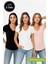 Kadın 3'lü Paket Siyah-Beyaz-Pudra %100 Organik Pamuk Normal Kesim Tişört V Yaka T-Shirt 2