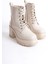Lauren Bağcıklı Fermuarlı Ortopedik Taban Topuklu Kadın Bot Ckt - Krem 5