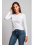 Kadın Beyaz Bisiklet Yaka Slim Fit Basic Tişört - Uzun Kollu Pamuklu T-Shirt Bluz 2