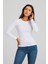 Kadın Beyaz Bisiklet Yaka Slim Fit Basic Tişört - Uzun Kollu Pamuklu T-Shirt Bluz 4