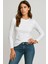 Kadın Beyaz Bisiklet Yaka Slim Fit Basic Tişört - Uzun Kollu Pamuklu T-Shirt Bluz 5