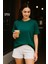 Kadın Yeşil %100 Pamuk Oversize Basic Tişört – Rahat Kalıp Relaxed Bisiklet Yaka T-Shirt 5