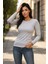 Kadın Gri Bisiklet Yaka Slim Fit Basic Tişört - Uzun Kollu Pamuklu T-Shirt Bluz 2