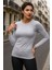 Kadın Gri Bisiklet Yaka Slim Fit Basic Tişört - Uzun Kollu Pamuklu T-Shirt Bluz 4