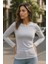 Kadın Gri Bisiklet Yaka Slim Fit Basic Tişört - Uzun Kollu Pamuklu T-Shirt Bluz 5