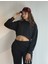 Kadın Bisiklet Yaka Uzun Kollu Crop Top Sweatshirt Eşofman Takımı 4