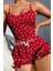 Arias Closet Pamuklu Kırmızı Üstüne Beyaz Kalp Desen Fitilli Askılı Şortlu Pijama Takımı 2