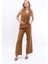 Crop Yelek & Düğmeli Bol Paça Pantolon Takım-Camel 2