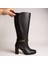 Siyah Deri Lastik Detaylı Tokalı Kadın Kalın Topuklu Çizme 1