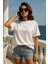 Kadın Beyaz %100 Pamuk Oversize Basic Tişört – Rahat Kalıp Relaxed Bisiklet Yaka T-Shirt 5