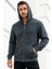 Erkek Füme Kapüşonlu Kanguru Cepli Fermuarlı Sweatshirt 2