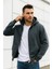 Erkek Füme Kapüşonlu Kanguru Cepli Fermuarlı Sweatshirt 3