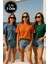 Kadın 3'lü Paket Mavi-Yeşil-Turuncu %100 Pamuk Oversize Basic Tişört Bisiklet Yaka Relaxed T-Shirt 1