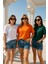 Kadın 3'lü Paket Turuncu-Yeşil-Beyaz %100 Pamuk Oversize Basic Tişört Bisiklet Yaka Relaxed T-Shirt 2