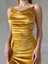 Kadife Esnek Kumaş Drape Öne Pile Detaylı Askılı Abiye Elbise Gold 582334 3