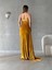 Kadife Esnek Kumaş Drape Öne Pile Detaylı Askılı Abiye Elbise Gold 582334 4