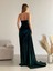 Kadife Esnek Kumaş Drape Öne Pile Detaylı Askılı Abiye Elbise Zümrüt 582334 4