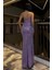 Kadın Straplez Yaka Yırtmaç Detaylı Drapeli Uzun Simli Pul Payetli Maxi Abiye Elbise Lila 583164 4