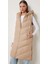Kadın Midi Boy Kapüşonlu Yanları Fermuarlı Bej Şişme Yelek 1