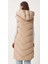 Kadın Midi Boy Kapüşonlu Yanları Fermuarlı Bej Şişme Yelek 6