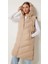 Kadın Midi Boy Kapüşonlu Yanları Fermuarlı Bej Şişme Yelek 7