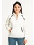 Kadın Oversize Dik Yaka Fermuarlı Sweatshirt - Zincir Nakışli Kanguru Cepli, - Beyaz 1