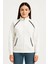Kadın Oversize Dik Yaka Fermuarlı Sweatshirt - Zincir Nakışli Kanguru Cepli, - Beyaz 2