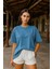 Kadın Mavi %100 Pamuk Oversize Basic Tişört – Rahat Kalıp Relaxed Bisiklet Yaka T-Shirt 2