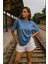 Kadın Mavi %100 Pamuk Oversize Basic Tişört – Rahat Kalıp Relaxed Bisiklet Yaka T-Shirt 3