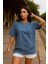 Kadın Mavi %100 Pamuk Oversize Basic Tişört – Rahat Kalıp Relaxed Bisiklet Yaka T-Shirt 4
