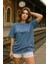 Kadın Mavi %100 Pamuk Oversize Basic Tişört – Rahat Kalıp Relaxed Bisiklet Yaka T-Shirt 5