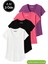 Kadın 4'lü Paket Siyah-Beyaz-Mor-Pembe %100 Organik Pamuk Tişört V Yaka T-Shirt 1