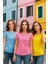 Kadın 3'lü Paket Sarı-Pembe-Mavi %100 Organik Pamuk Normal Kesim Tişört Bisiklet Yaka T-Shirt 4
