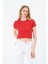 Kadın Kırmızı Kısa Kollu Oversize Crop - Pamuklu Basic Bisiklet Yaka T-Shirt 3