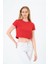Kadın Kırmızı Kısa Kollu Oversize Crop - Pamuklu Basic Bisiklet Yaka T-Shirt 4