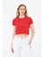 Kadın Kırmızı Kısa Kollu Oversize Crop - Pamuklu Basic Bisiklet Yaka T-Shirt 5
