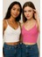 Kadın 2'li Paket Pembe Beyaz Kısa Crop Ip Askılı V Yaka Krop Bluz Büstiyer 2