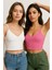 Kadın 2'li Paket Pembe Beyaz Kısa Crop Ip Askılı V Yaka Krop Bluz Büstiyer 4