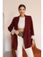 Çizgili Astar Detaylı Oversize Bordo Blazer Ceket 3