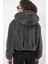 Kapüşonlu Peluş Crop Antrasit Kadın Ceket 5193 5