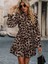 Kadın Uzun Kollu Yakadan Bağcıklı Modal Leopar Desenli Mini Elbise 1