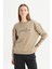 %100 Pamuk Relaxed Fit Geniş Bisiklet Yaka Bej Big Logo Sweatshirt 1