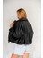 Oversize Bomber Kemerli Fermuarlı Deri Ceket 2