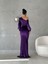 Yırtmaçlı Omzu Açık Maxi Boy Kadife Kumaş Abiye Elbise Mor 582600 4