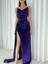 Kadife Esnek Kumaş Drape Öne Pile Detaylı Askılı Abiye Elbise Mor 582334 1