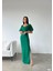 Krep Kumaş Kruvaze Yaka Balon Kol Yırtmaç Detaylı Maxi Elbise Zümrüt 582853 2