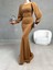 Balon Kol Balık Model Maxi Boy Ithal Krep Kumaş Elbise 582744 Camel 3