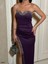 Straplez Parlak Uzun Abiye Elbise 583121 Mor 5