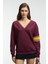 DIVINE Kadın V Yakalı Nakış Ve Patch Detaylı Bordo Sweatshirt 1